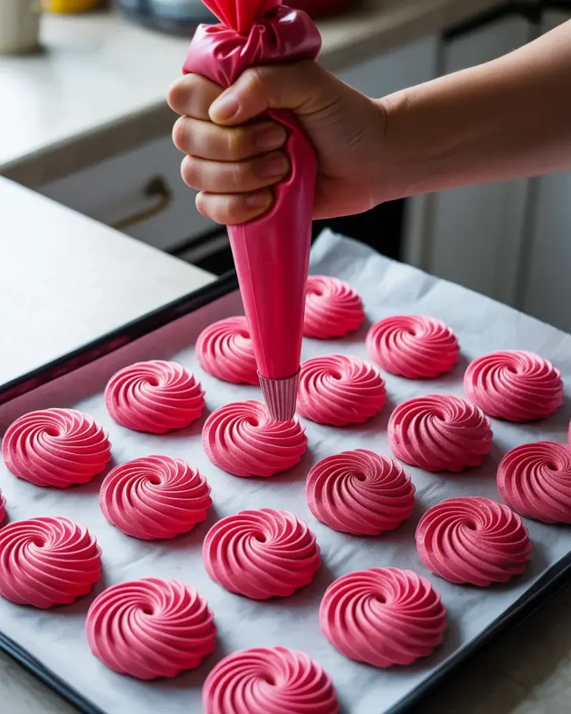 Piping jello meringue rosettes onto parchment - keep them evenly sized for uniform bakingPiping jello meringue rosettes onto parchment - keep them evenly sized for uniform baking