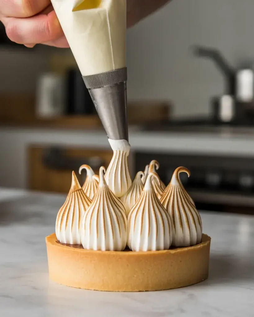 Piping meringue over ice cream in circular layers to seal completely