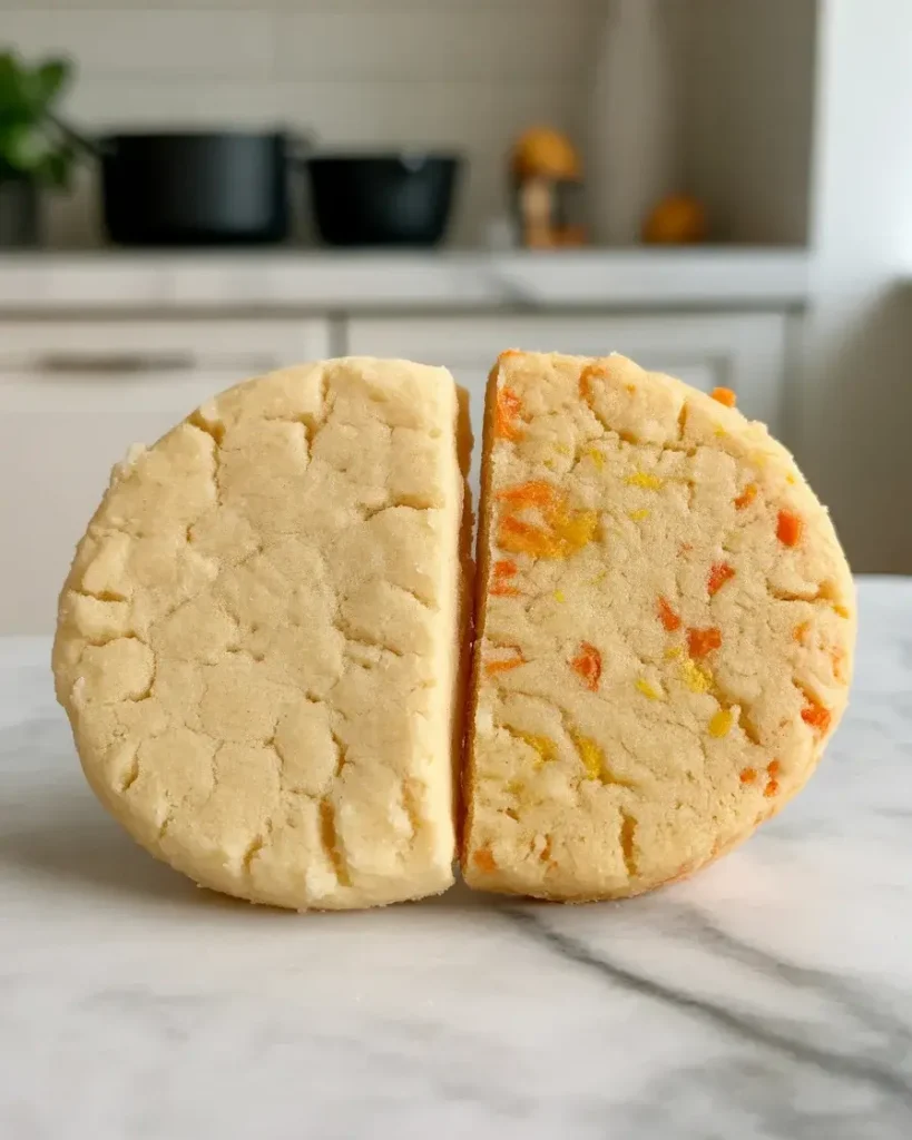 Plain shortbread vs. citrus shortbread showing the visible zest difference in each cookie