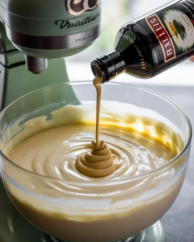 Pouring Baileys Irish Cream into smooth cheesecake batter for rich, indulgent flavor