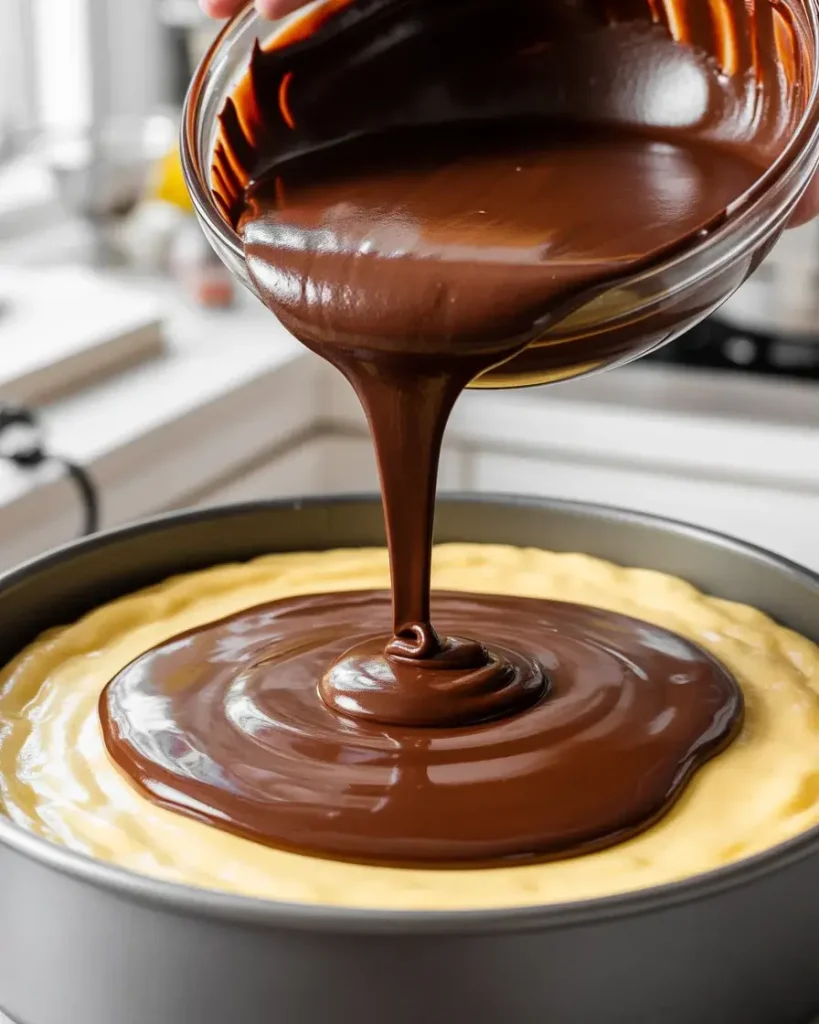 Pouring cooled ganache over chilled filling to create a glossy chocolate top layer