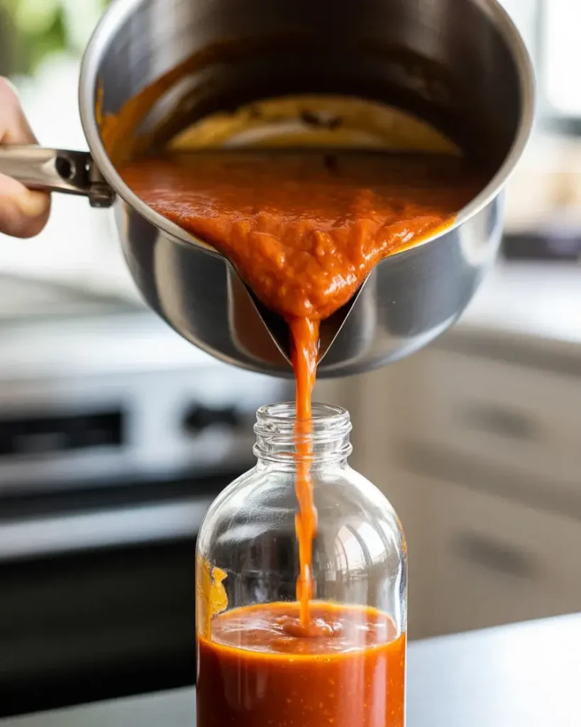  Pouring finished hot sauce into glass bottles while still hot for best results