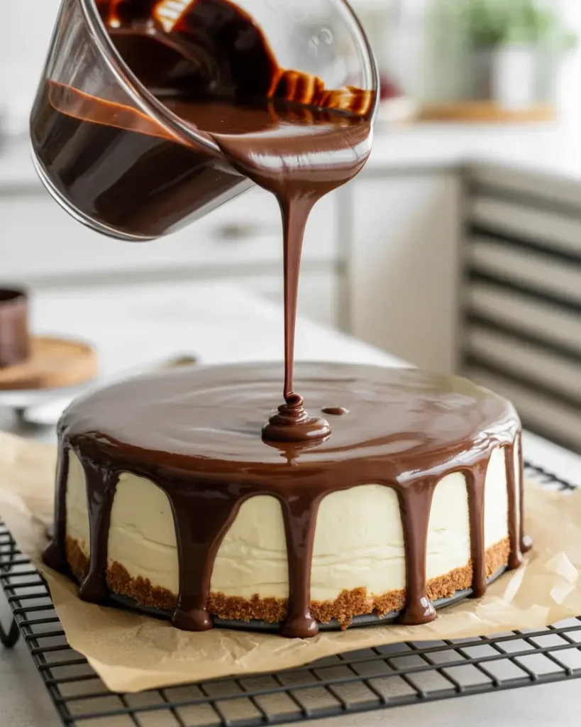 Pouring glossy ganache over chilled cheesecake until thick ribbons fall over the edges