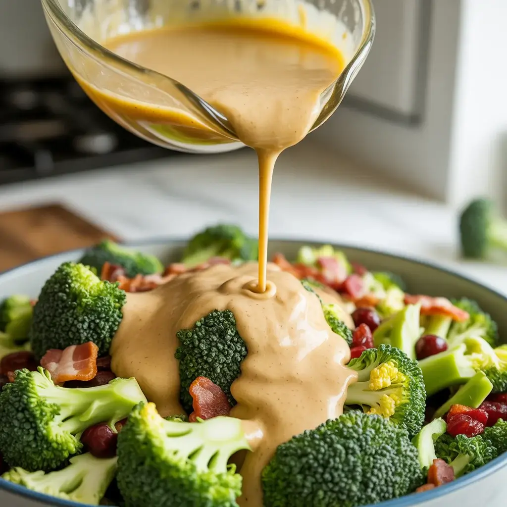 Pouring honey dijon dressing over the salad and tossing until every floret is coated