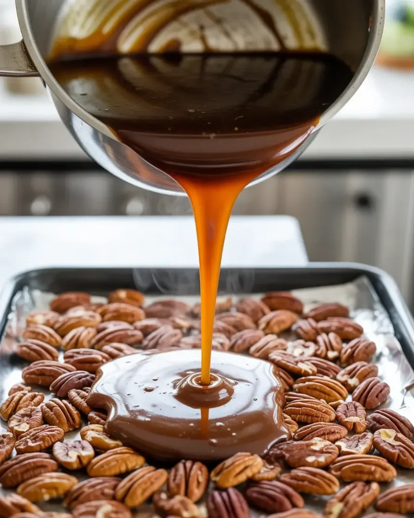 Pouring hot toffee quickly over pecans - work fast before it sets