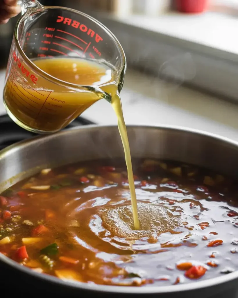 Pouring vegetable broth into the pot to build the soup base