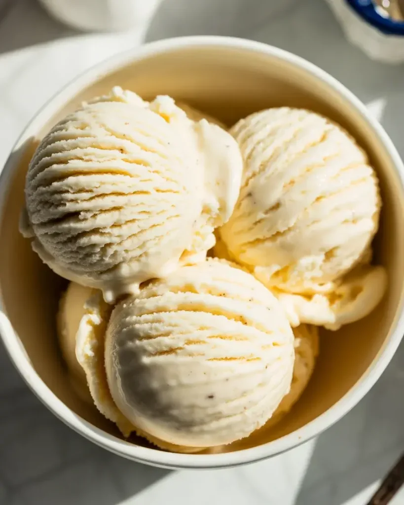 Premium vanilla ice cream with visible bean specks perfect for sundaes