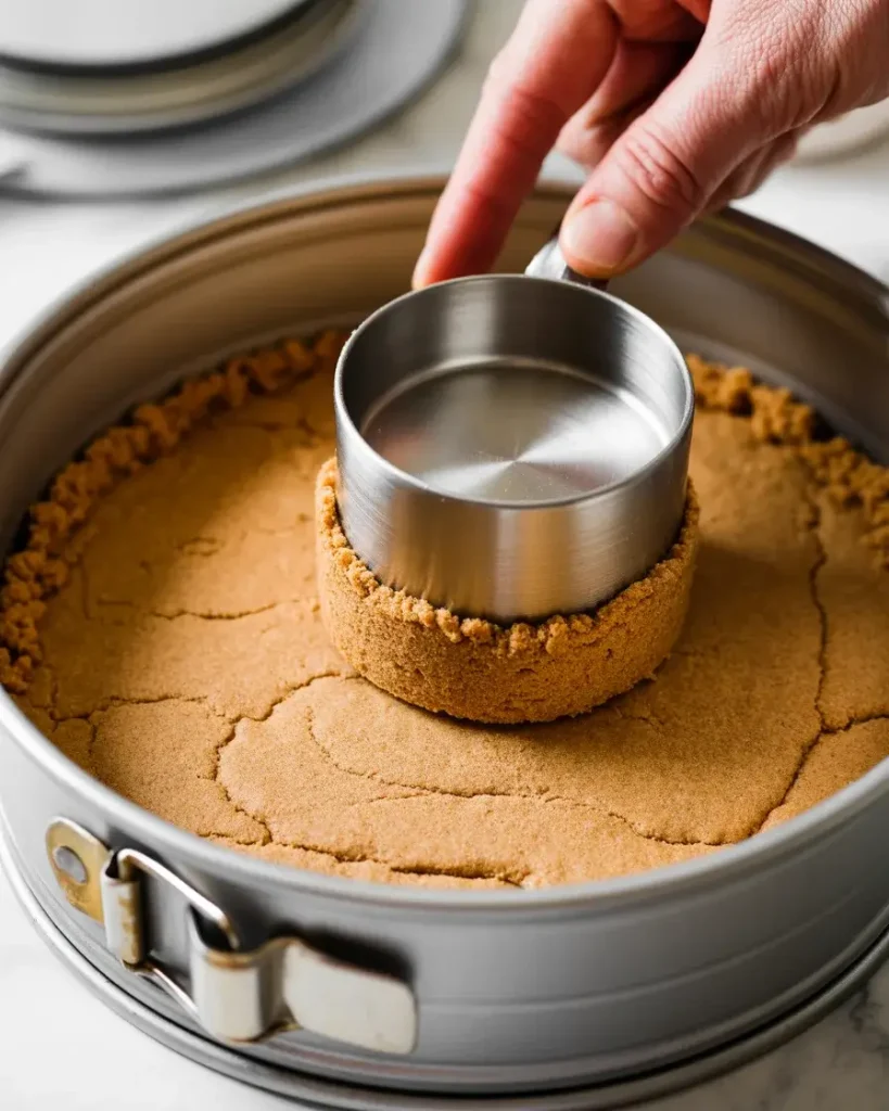 Pressing buttery graham cracker crumbs firmly into a springform pan for a solid, golden crust