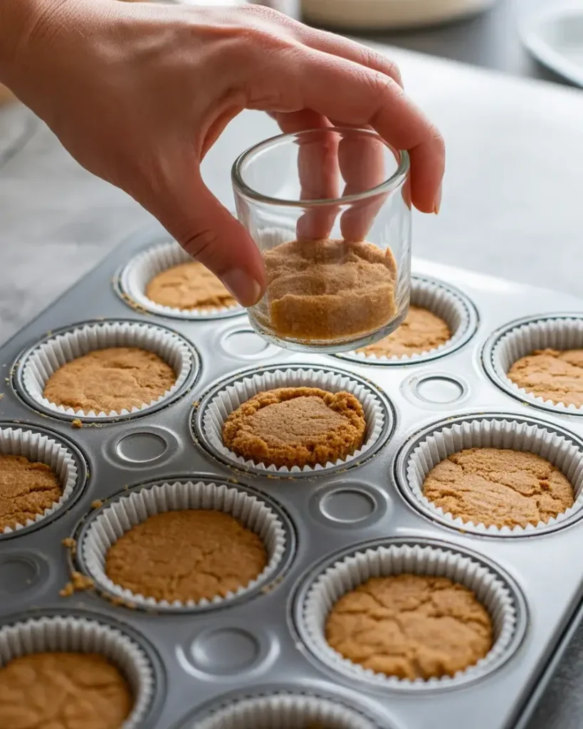 Pressing buttery graham cracker crumbs firmly into each muffin cup for a solid base
