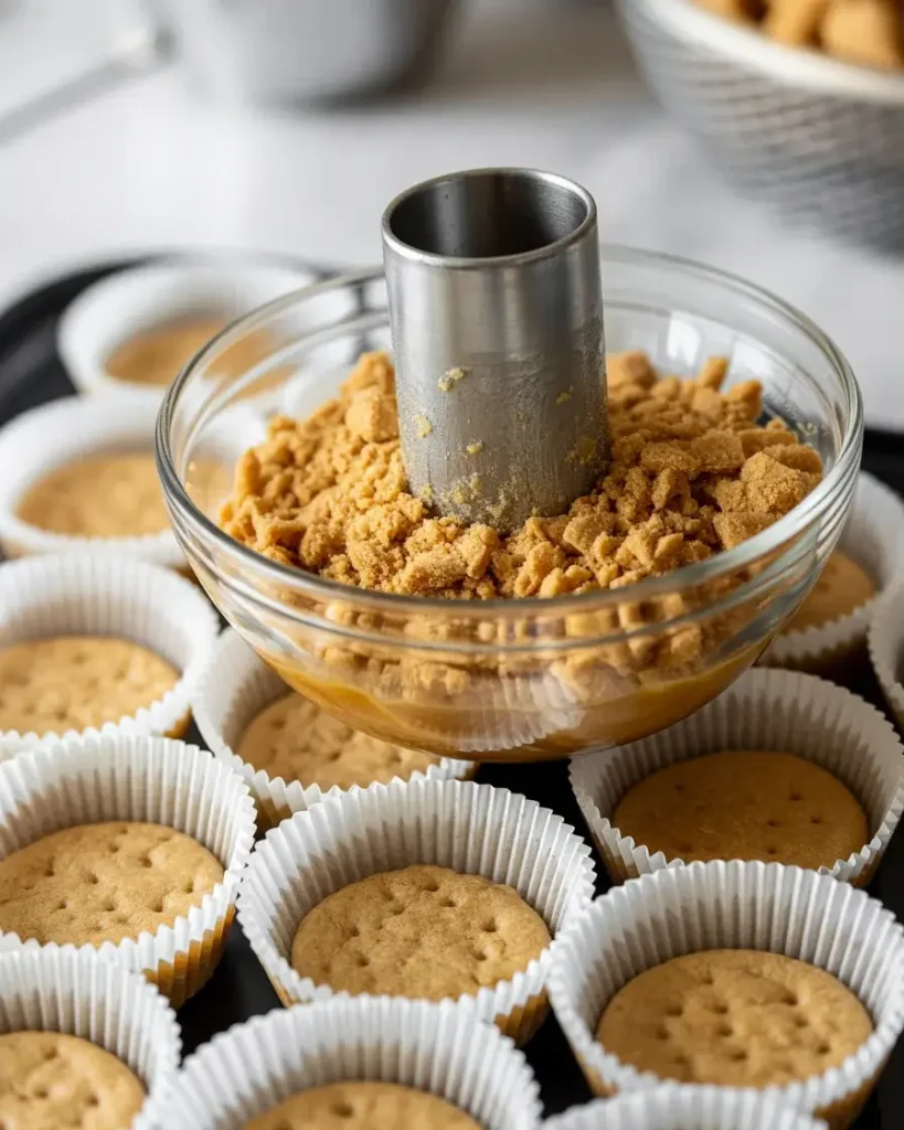 Pressing buttery graham cracker crust firmly into each muffin liner before baking