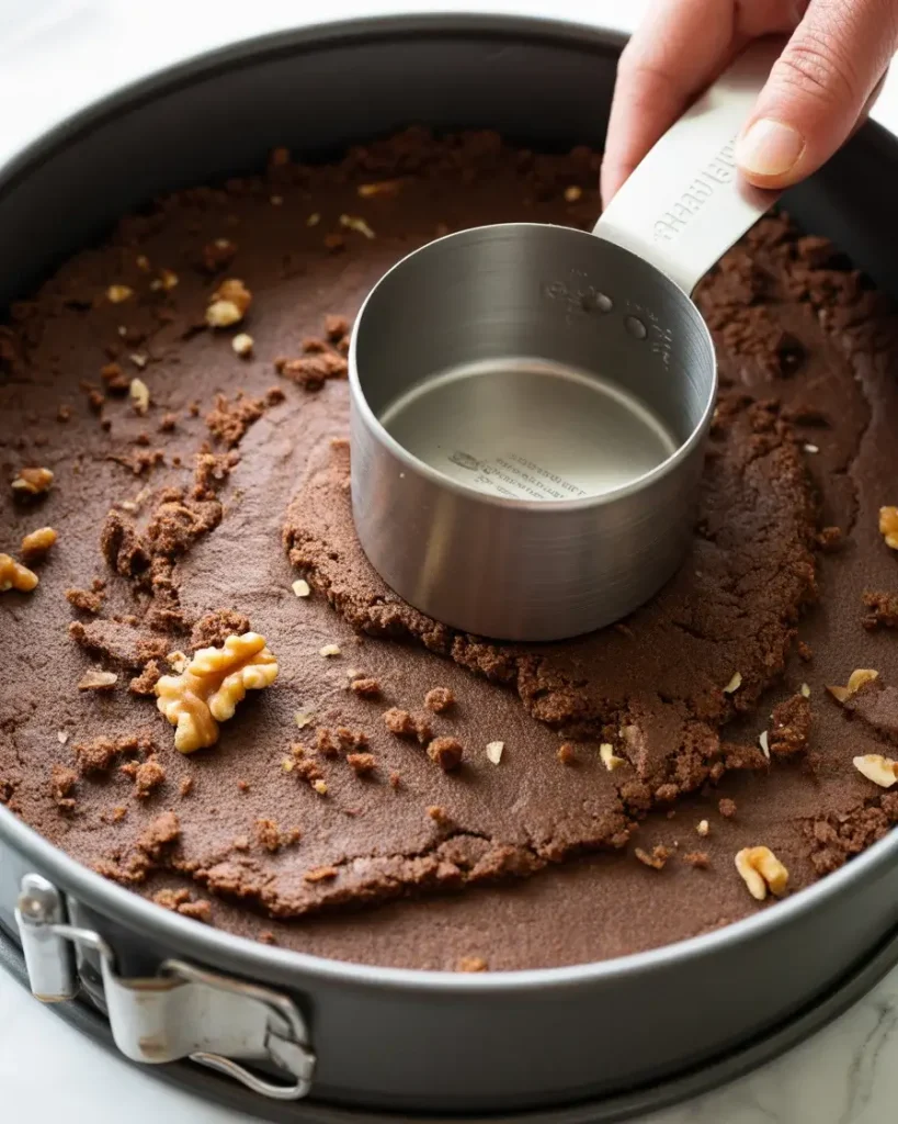 Pressing chocolate coconut crust firmly into springform pan for a solid cheesecake base