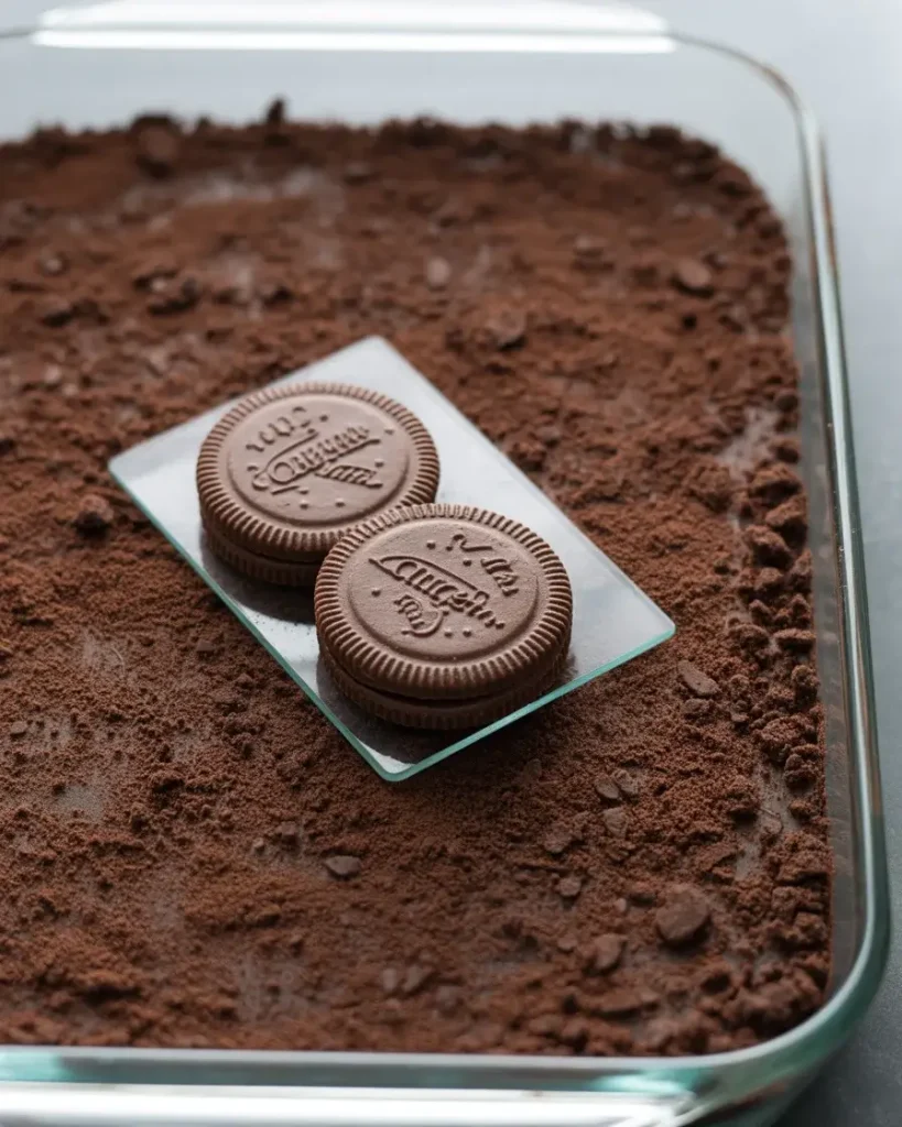Pressing chocolate cookie crumbs into the pan for a firm, even frozen dessert crust