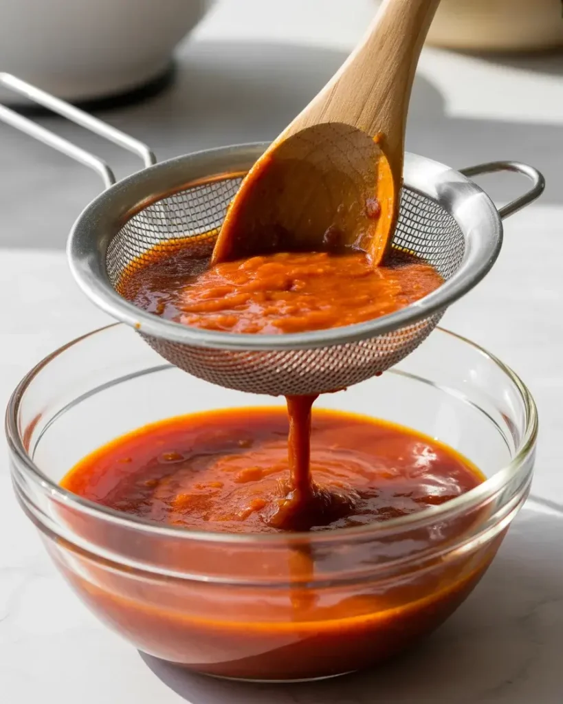 Pressing hot sauce through a fine mesh strainer for a smooth finish