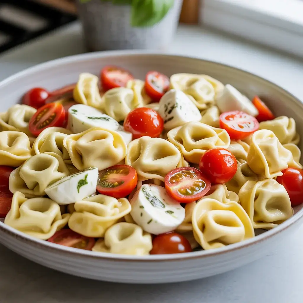 Properly dressed tortellini caprese salad with no pooling liquid - perfectly coated pasta