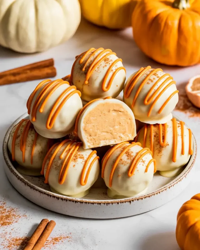 Pumpkin spice Oreo balls with white chocolate coating, spice dusting, and creamy fall filling