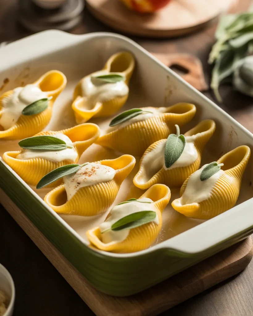 Pumpkin stuffed shells baked in sage alfredo sauce with crispy golden edges