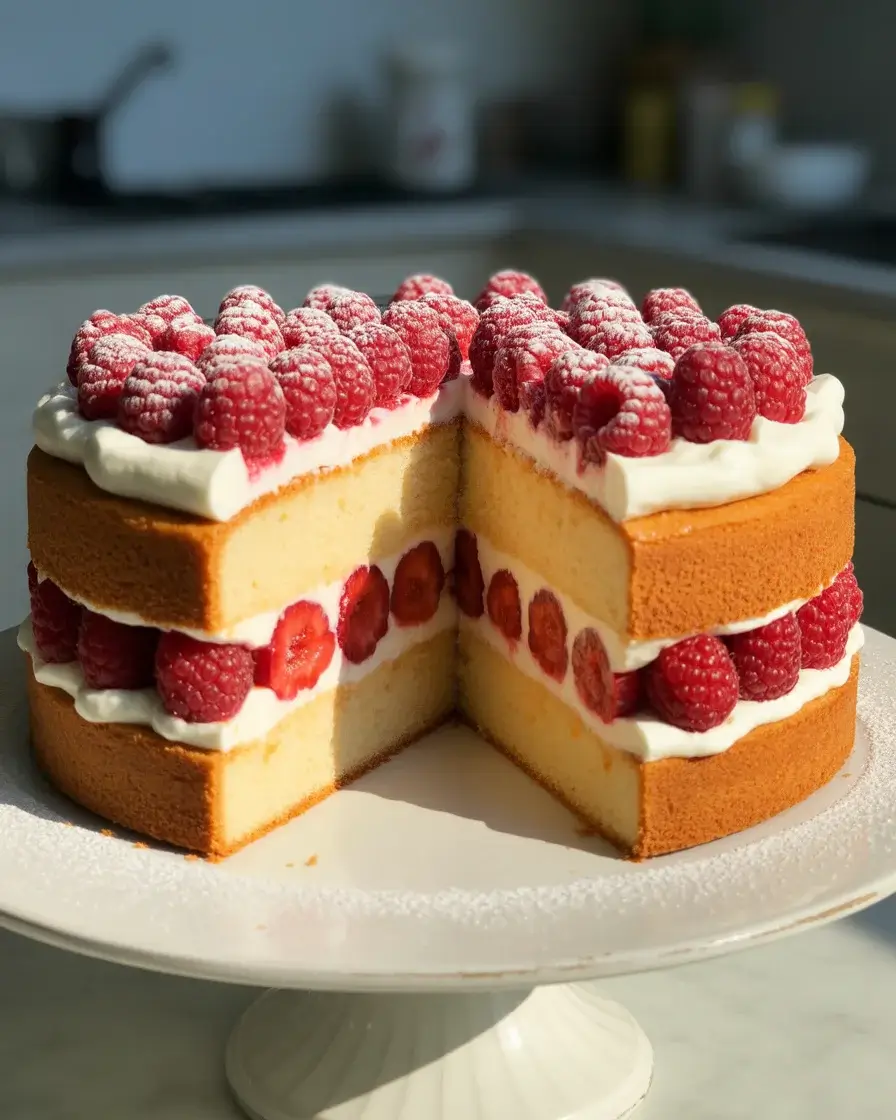 Raspberry cream cake sliced on a white pedestal showing gorgeous cream and berry layers