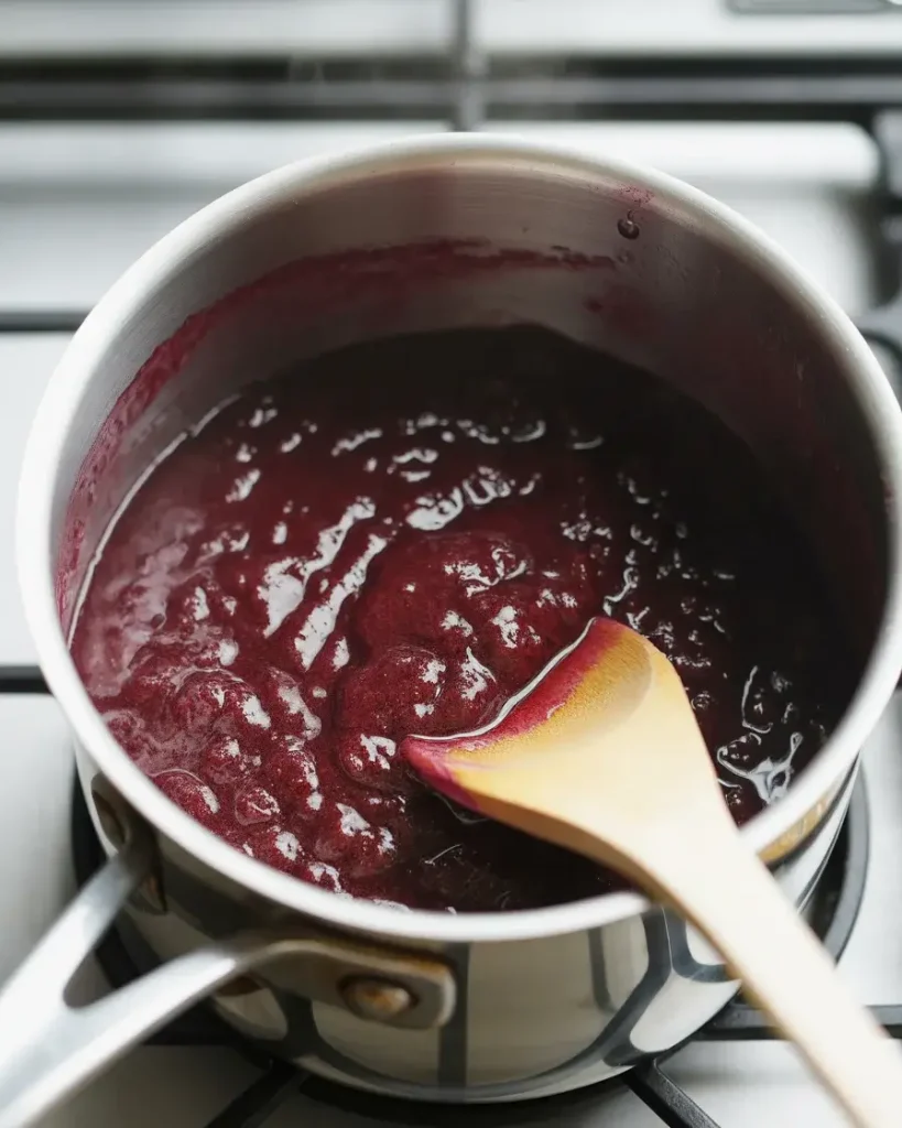 Reducing fresh blackberry puree until thick and glossy for intense flavor