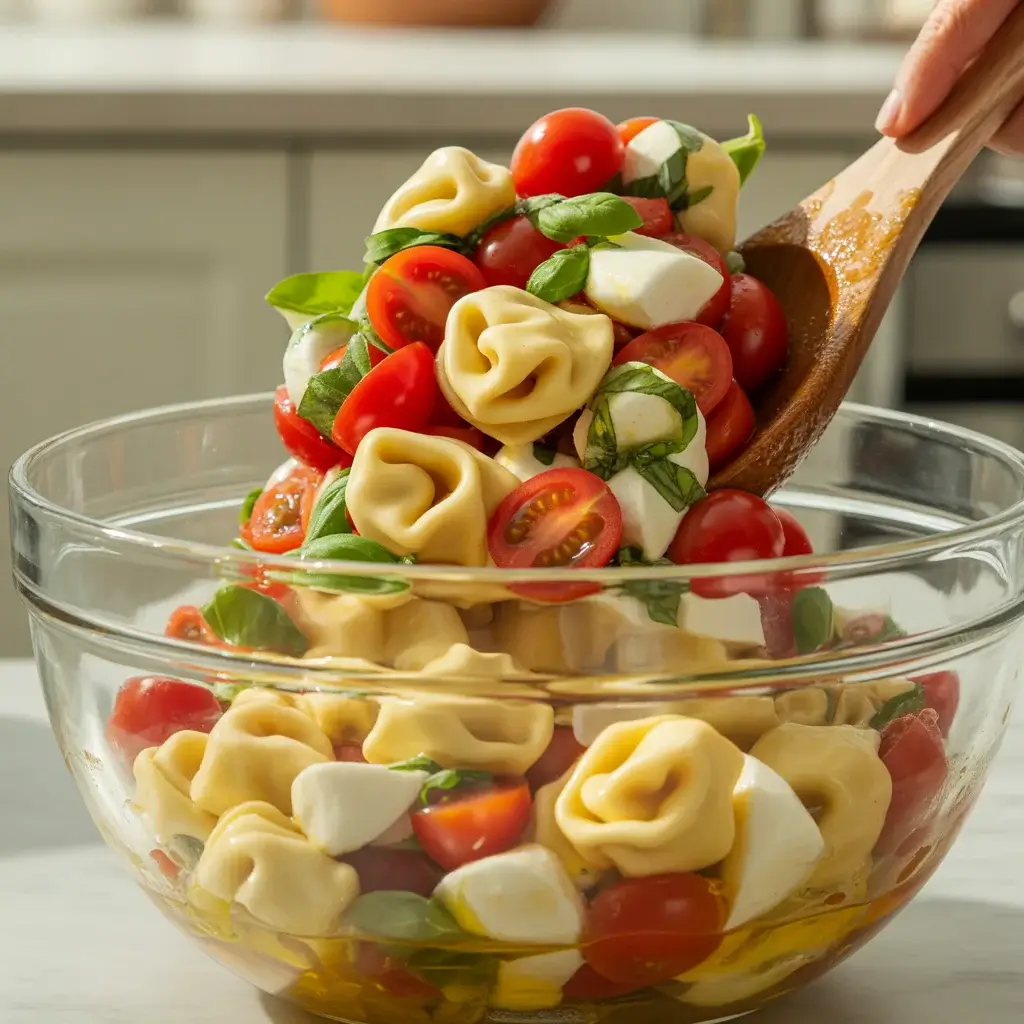 Rested tortellini caprese salad drizzled with balsamic glaze and topped with fresh basil