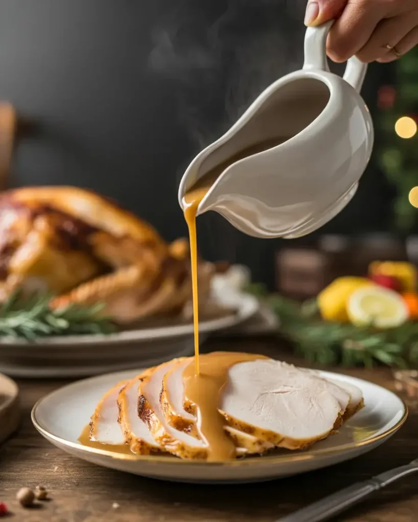 Rich, glossy turkey gravy being poured over a generous holiday plate