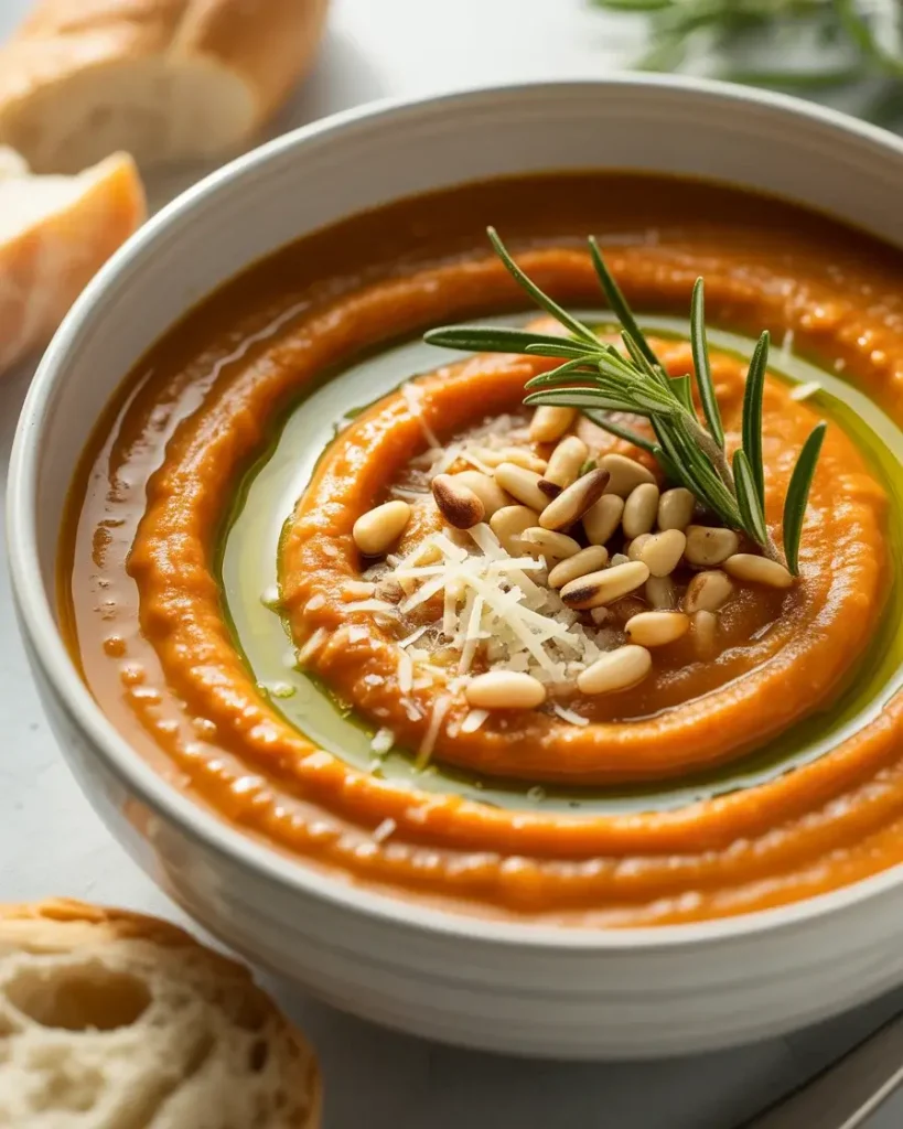 Roasted Italian sweet potato soup served with parmesan, pine nuts, and rosemary