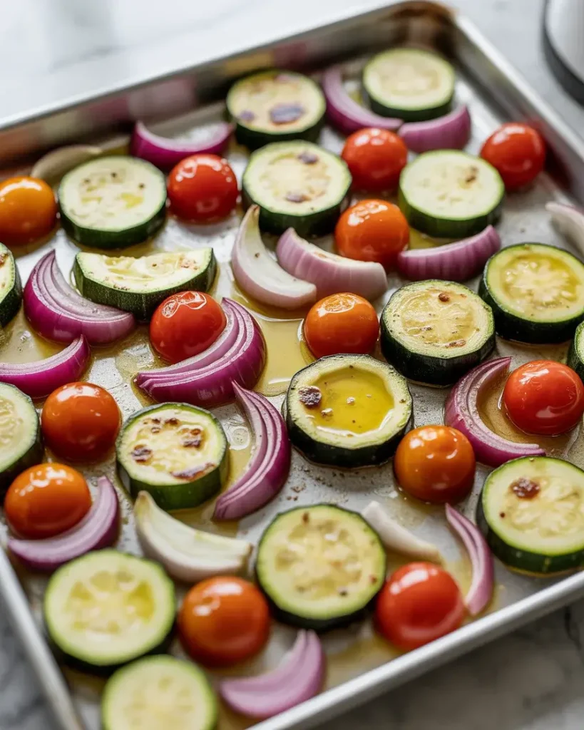 Roasting red onion, zucchini, and cherry tomatoes at 425°F until caramelized
