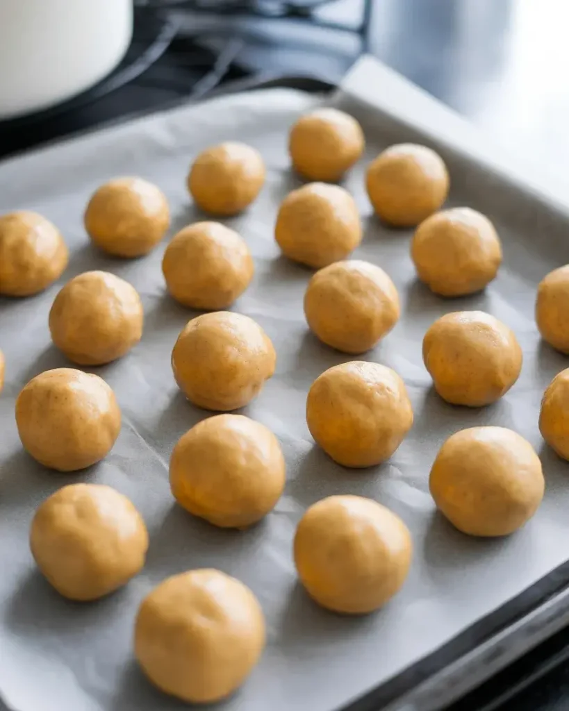 Rolled pumpkin spice Oreo balls lined up on parchment before freezing