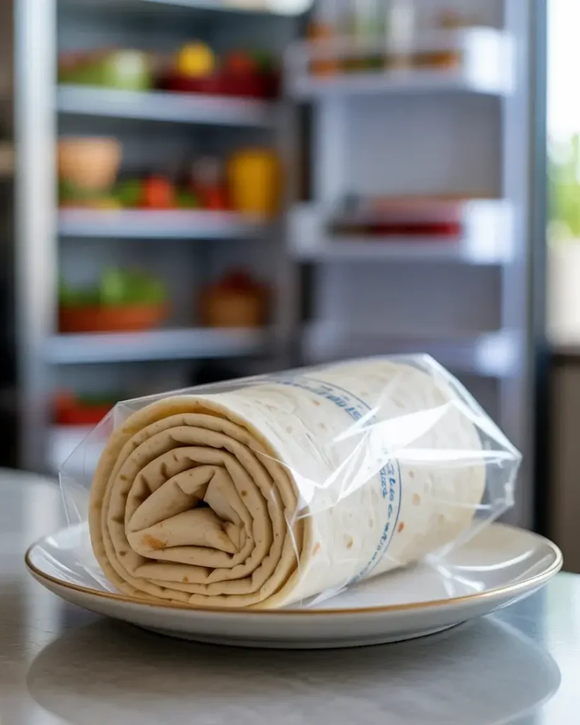 Rolled tortillas wrapped tight in plastic and chilled for clean slicing