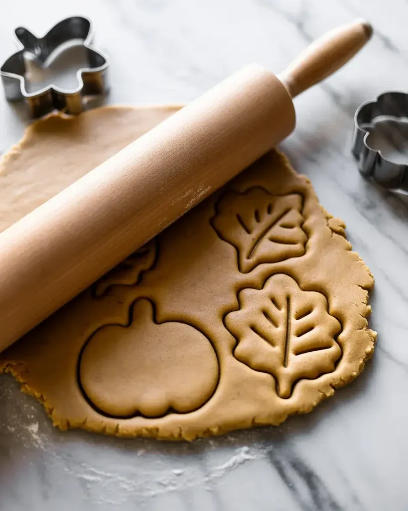 Rolling dough to 14-inch thickness and cutting autumn shapes for even baking.