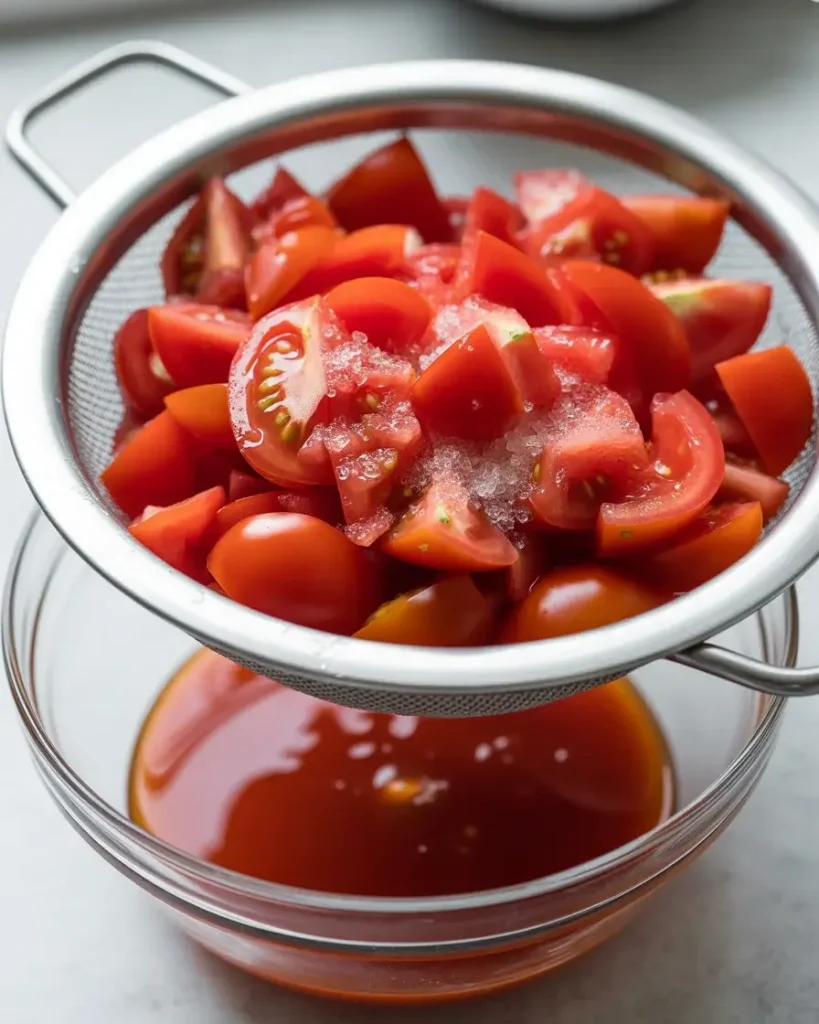 Salted tomatoes draining to prevent soggy lettuce wraps