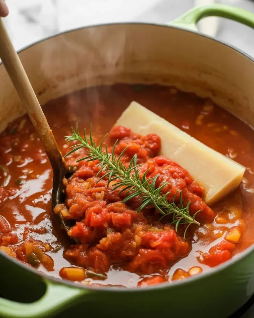 San Marzano tomatoes and rosemary added with a parmesan rind for deep umami flavor