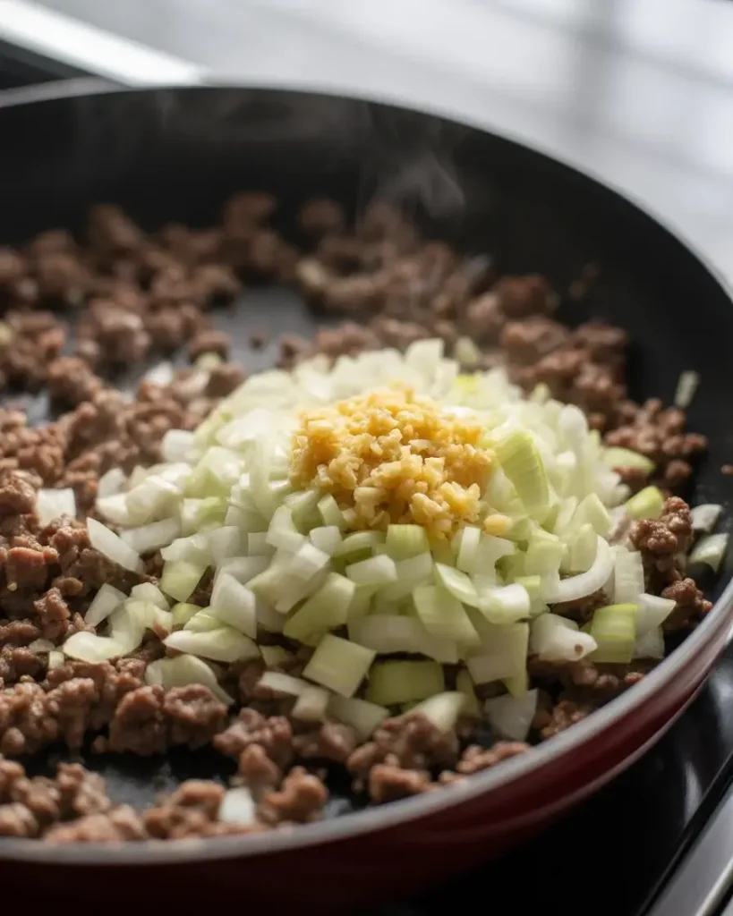 Saute onion and garlic in the beef fat until soft and fragrant