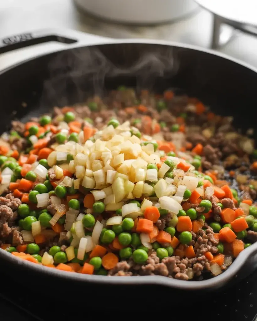 Sauteing aromatics and vegetables with beef until onions soften and garlic is fragrant