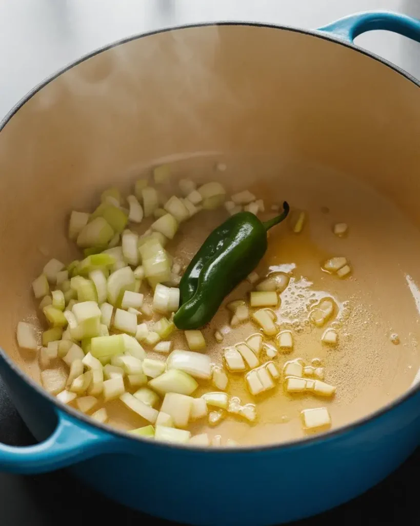 Sautéing onion, poblano, and garlic in butter until soft and fragrant