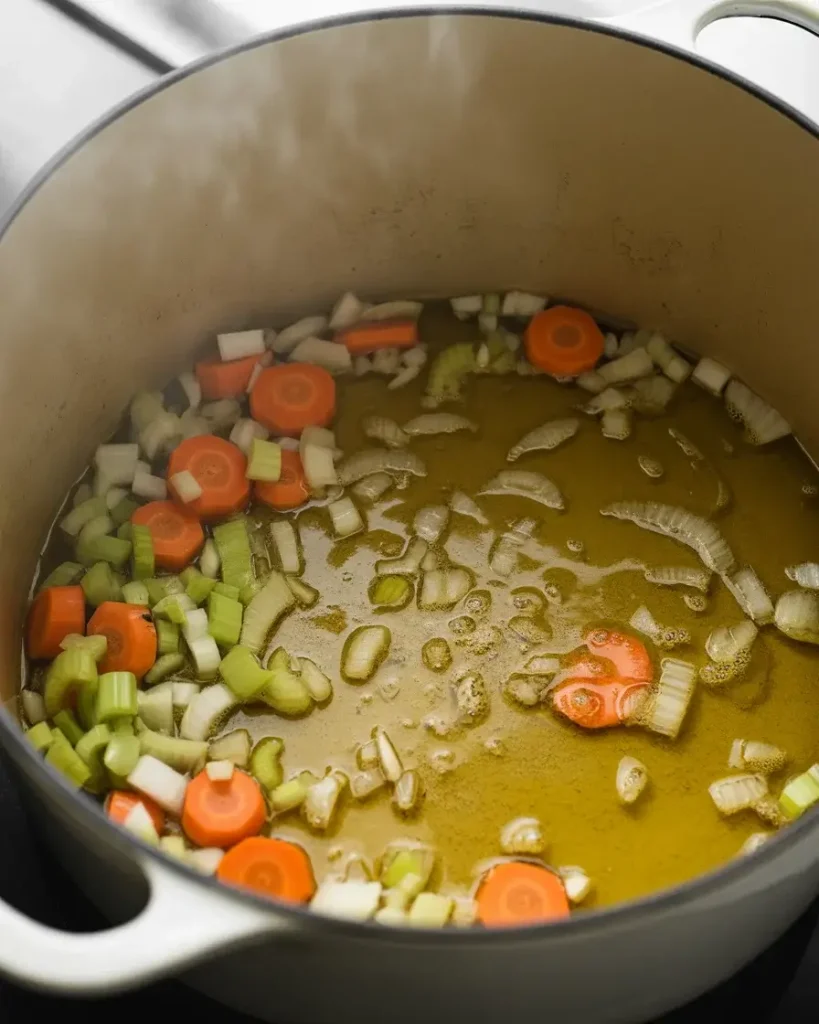 Sautéing onions, carrots, celery, and garlic until fragrant and softened