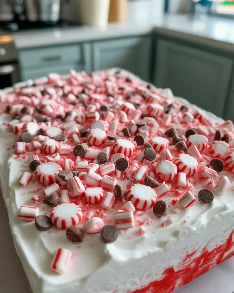  Scattered peppermint candies and chocolate chips over the whipped topping before freezing