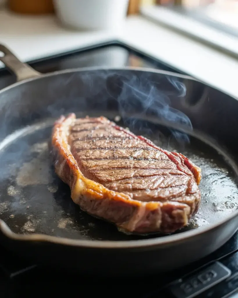 Searing marinated steak in a cast iron skillet until a golden crust forms