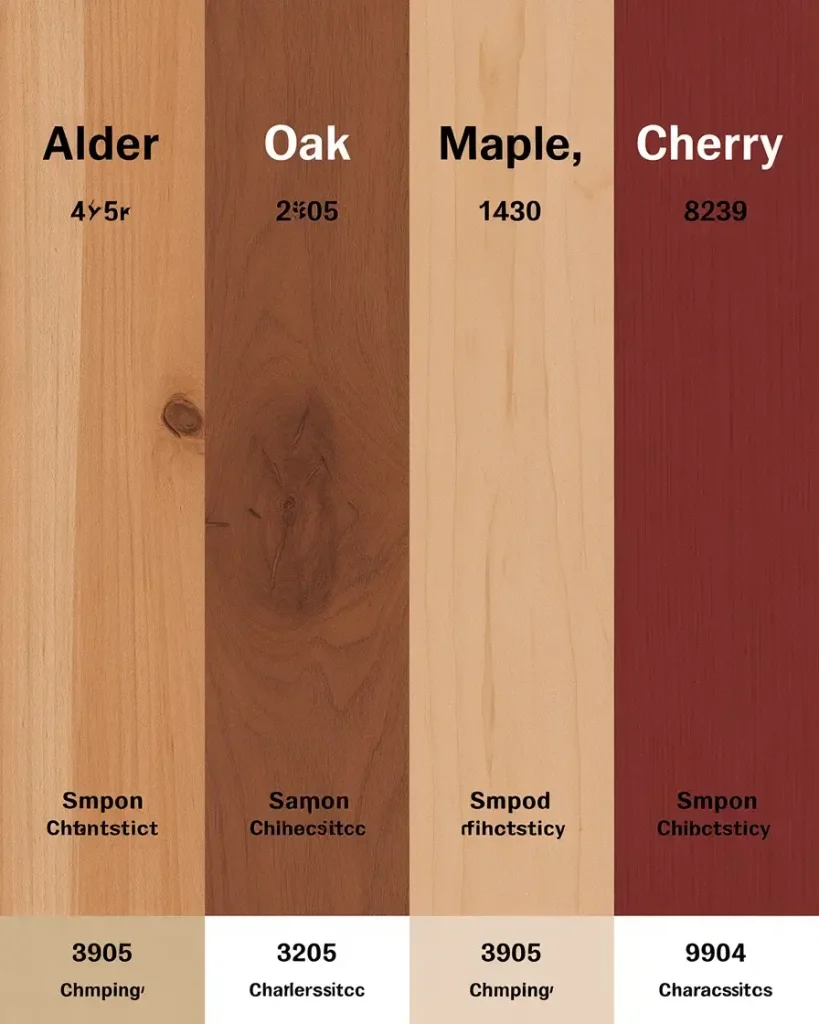 Side by side comparison chart showing wood samples of alder, oak, maple, and cherry with pricing and characteristics