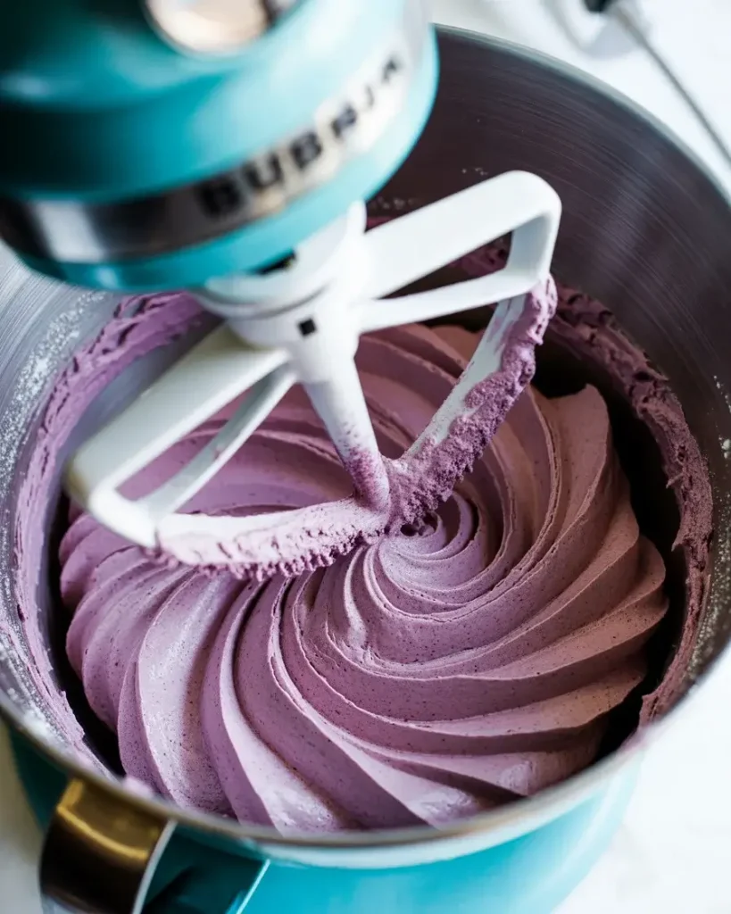 Silky blackberry bourbon frosting whipped to a deep purple, stiff-peak consistency