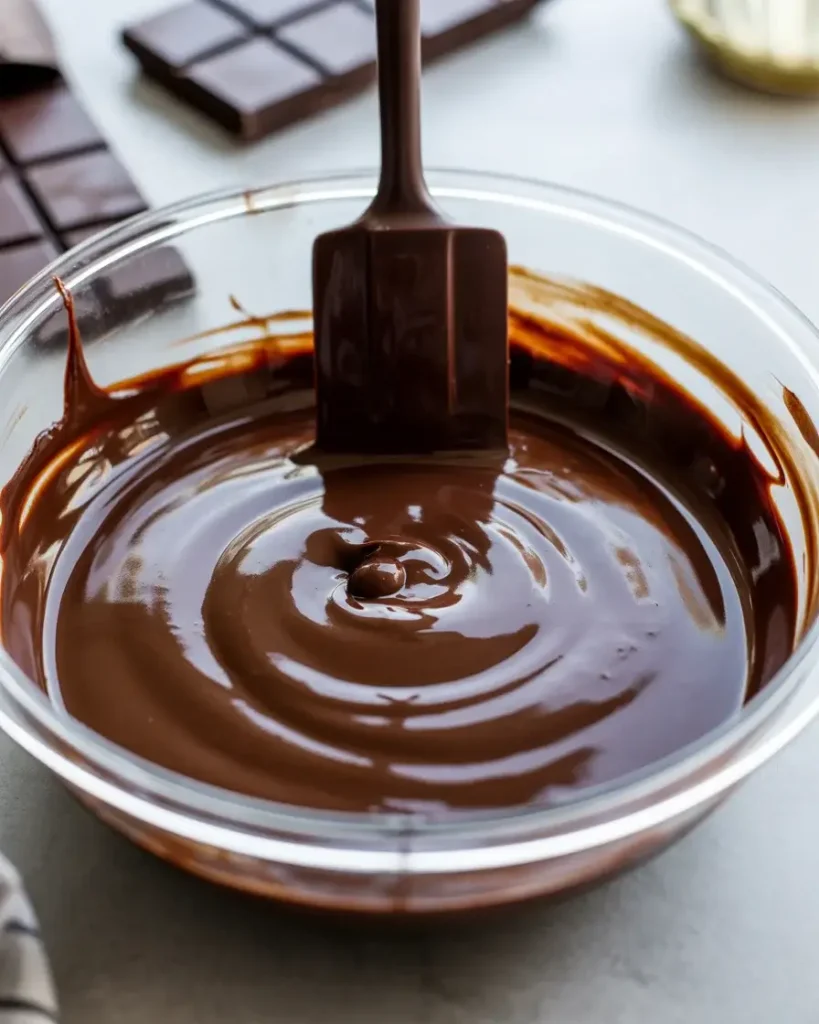 Silky dark chocolate ganache cooling to the perfect pourable temperature before topping