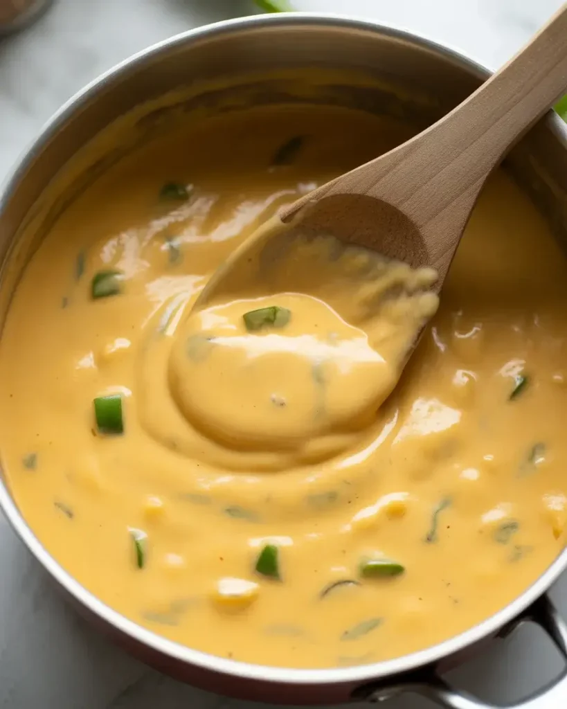 Silky homemade queso sauce with Monterey Jack and green chiles ready to pour