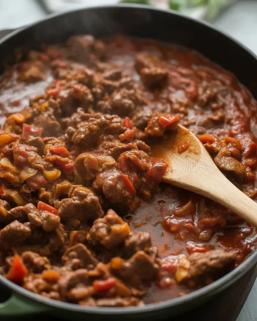 Simmering beef filling with Worcestershire and tomato paste until sauce thickens and coats