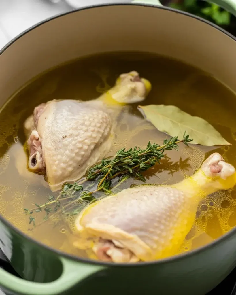 Simmering bone-in chicken thighs in rich golden broth with fresh herbs