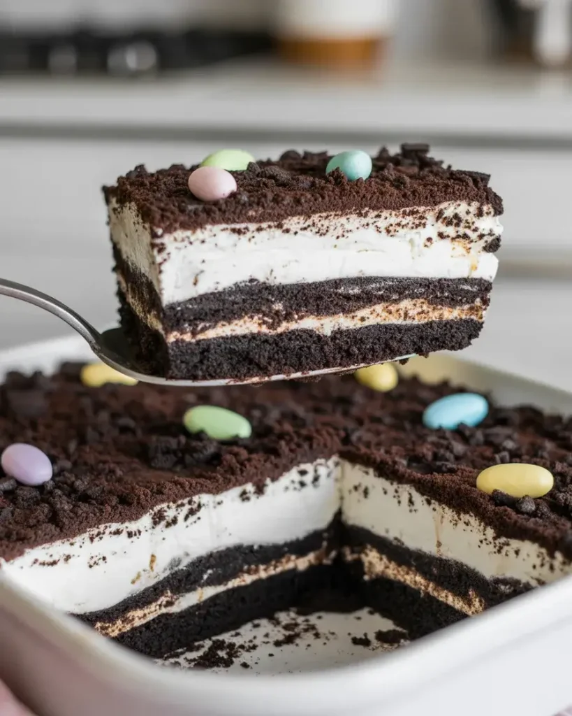 Sliced Easter dirt cake showing distinct creamy layers ready to be scooped and served
