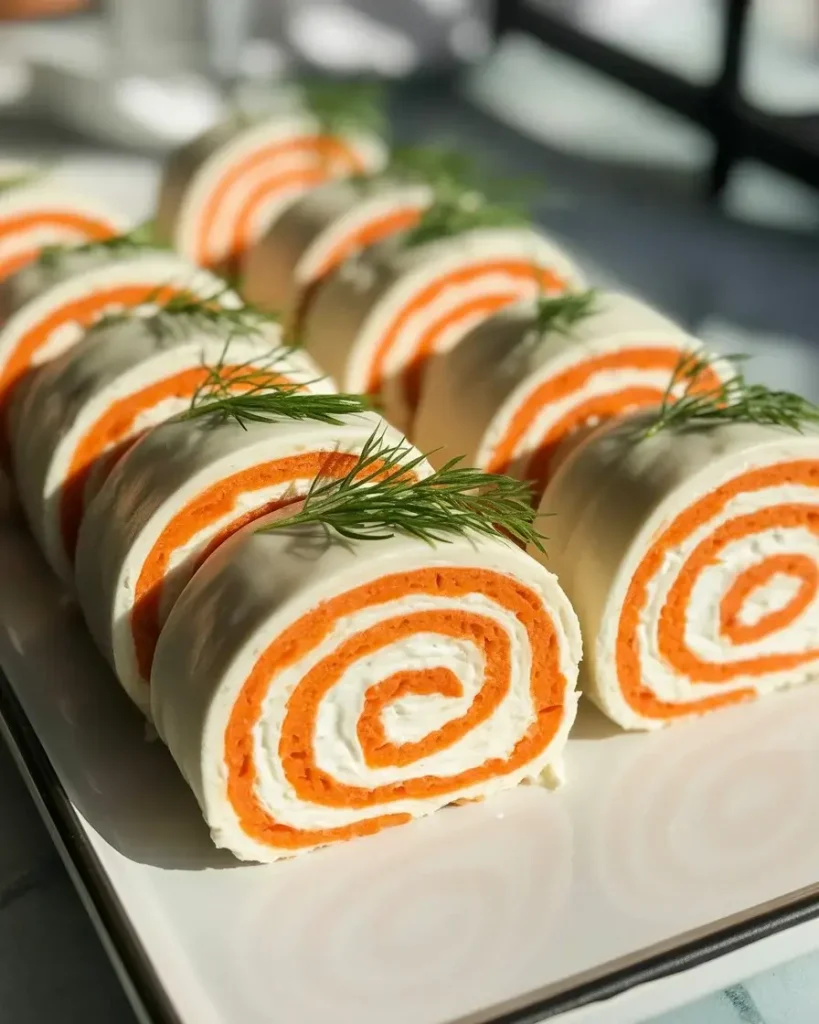 Sliced carrot roll ups showing vibrant orange swirl pattern inside