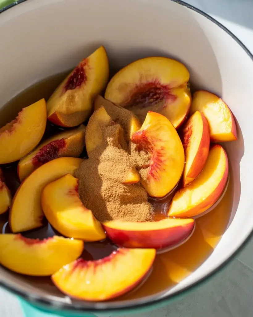 Sliced peaches macerating in sugar and cinnamon, releasing golden syrup