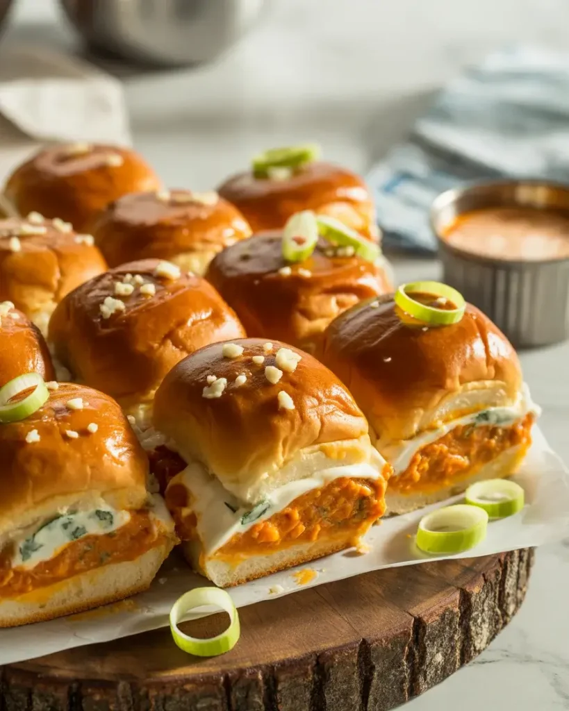 Sliced sliders garnished with buffalo sauce, blue cheese, and green onions