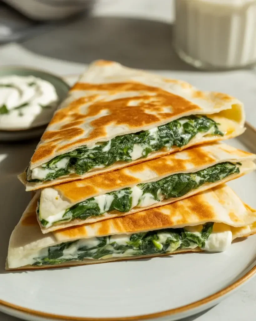  Sliced spinach and feta quesadillas plated with sour cream dipping sauce on the side