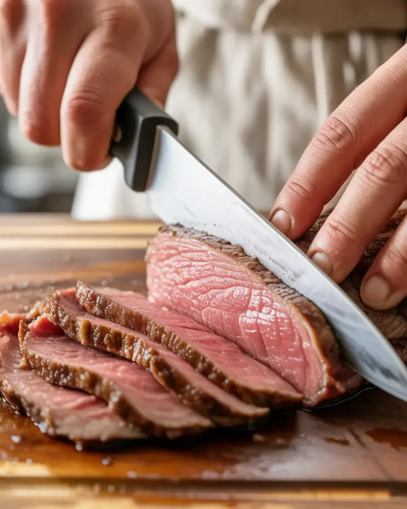 Slicing flank steak against the grain at a diagonal for the most tender texture