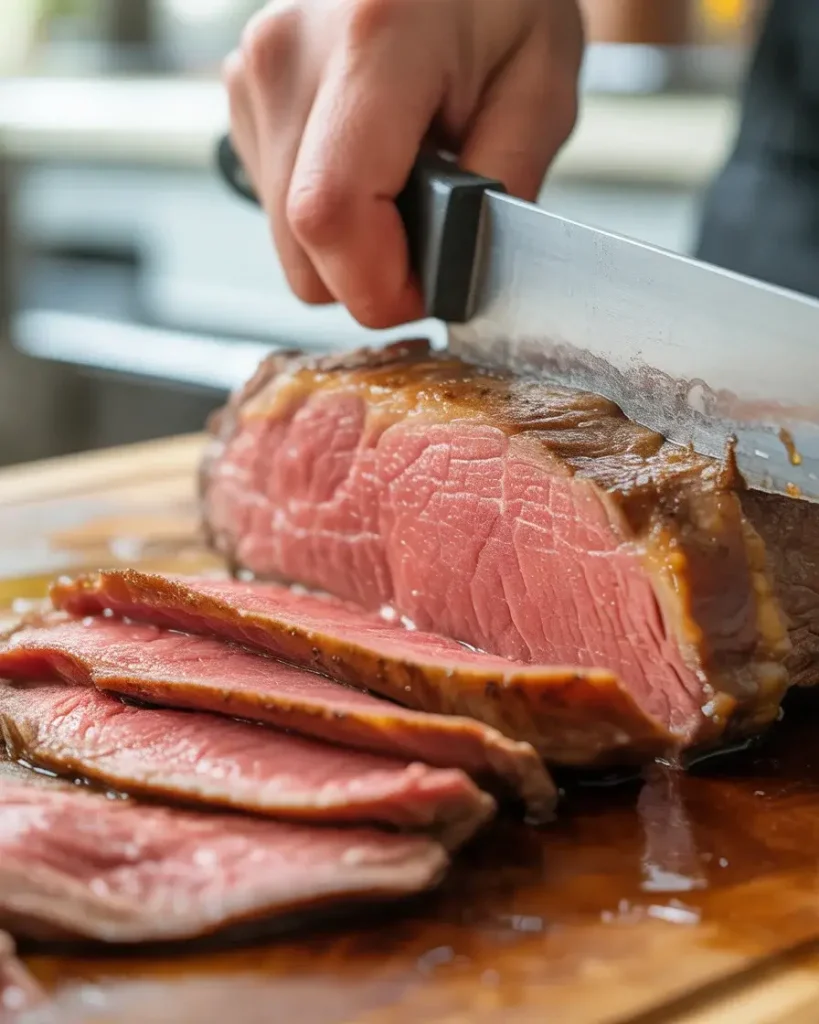 Slicing rested steak thinly against the grain for maximum tenderness